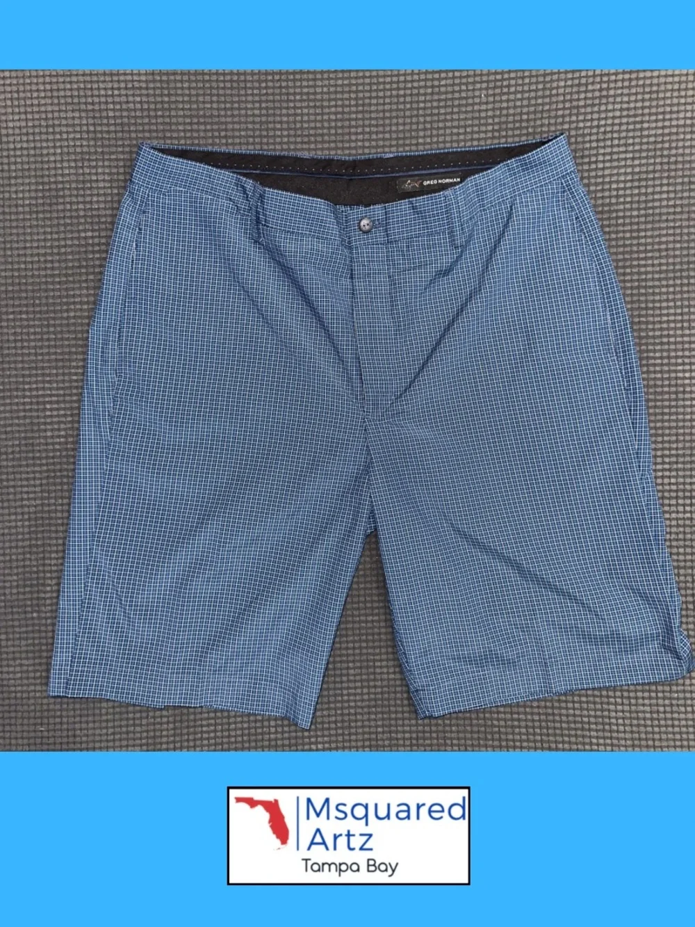 Greg Norman Golf Shorts Mens 36 Blue Check Stretch Performance Casual